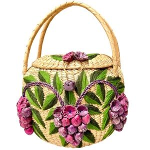 VTG Mid-Century Rattan Straw Basket w/Lid Grapes Embroidered Leaves 9x9" 33"circ